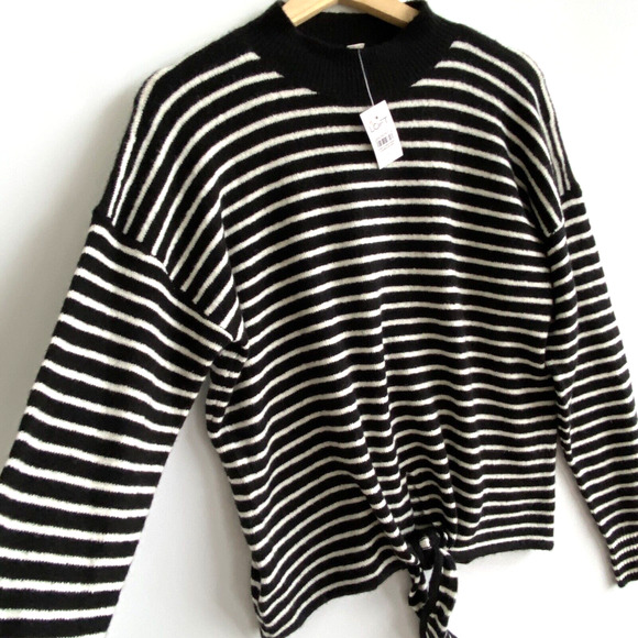 LOFT Soft Wool Blend Black & White Striped Tie Front Sweater Mockneck Size S NWT - Picture 2 of 5